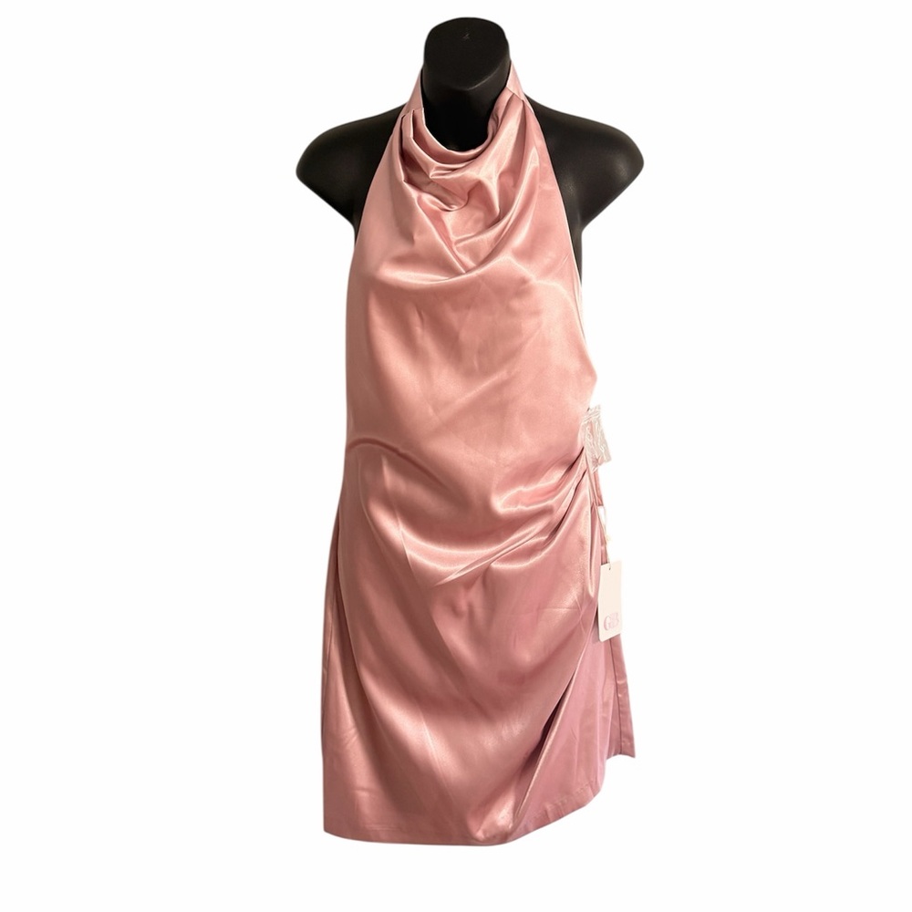 Gianni Bini Peyton Ruched Satin Cow Neck Open Back Mini Sheath Dress NWT